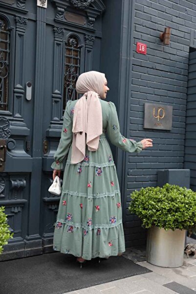 Neva Style Çiçek Desenli Çağla Yeşili Tesettür Elbise 32816CY