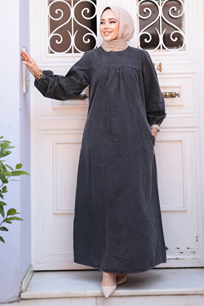 N.S NEVA STYLE Anthracite Hijab Denim Dress 19148Ant Model