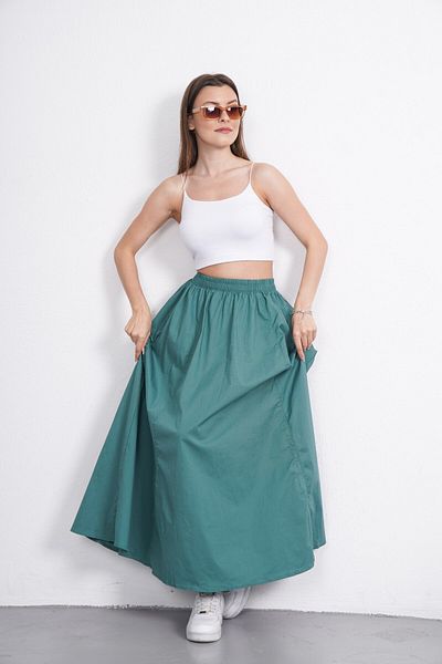Gülmude Long Elastic Waist Skirt with Flannel Pockets, Non-See-Through Poplin Fabric Seasonal Skirt (90cm)