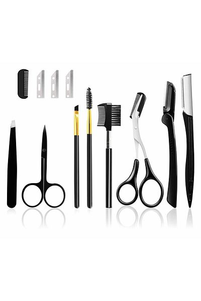 OEM Set 11 instrumente pentru modelarea sprancenelor si a genelor, otel inoxidabil, negru