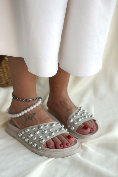 Shoebutik Γυναικείες παντόφλες Blueberry Beige Leather Pin
