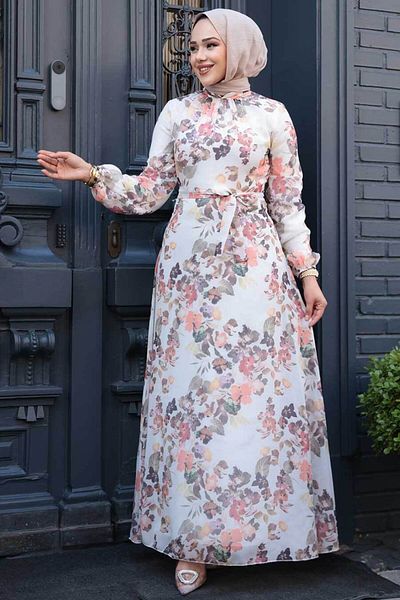 Neva Style Floral Patterned Cream Hijab Dress 279902 Kr