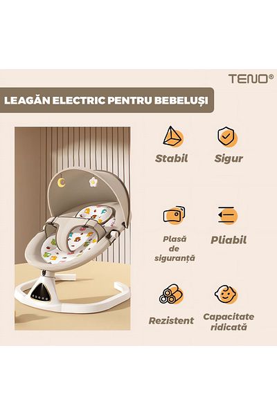 Teno Leagan Electric Teno®, conectivitate Bluetooth, 5 moduri de leganare, jucarii, muzica, bej