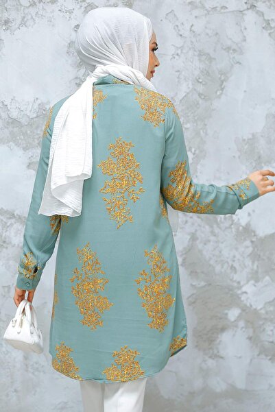 Neva Style Green Patterned Hijab Tunic - 11720Cy