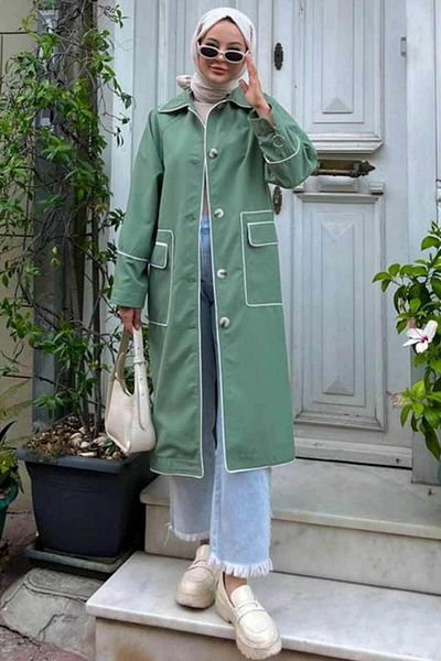 Neva Style Κουμπωτή πράσινη καμπαρντίνα με κουμπιά 9206cy