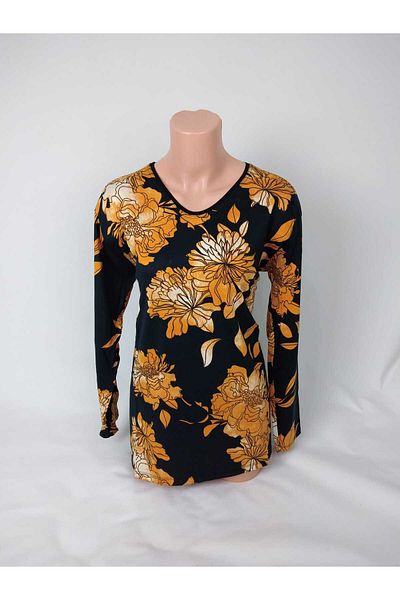 YAŞAR TRİKO Women's Black Orange U-Neck Long Sleeve Patterned Slit Woven Viscose Mother Combed Cotton T-Shirt