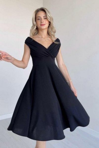 Mossta Off Shoulder Skirt Flounce Crepe Dress - Black