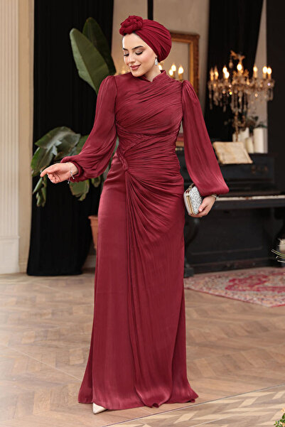 N.S NEVA STYLE فستان سهرة حجاب عنابي اللون 50781BR