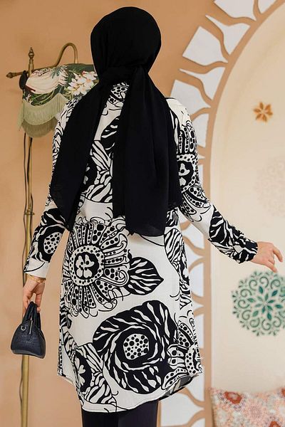 Neva Style تونيك حجاب أسود منقوش - 11712S