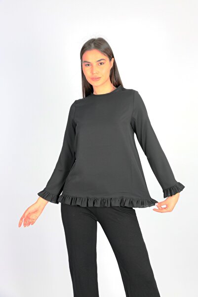 ÇELEBİ STYLE Γυναικείο μαύρο χιτζάμπ με βολάν Κομψό άνετο πουκάμισο μπλούζα τουνίκ