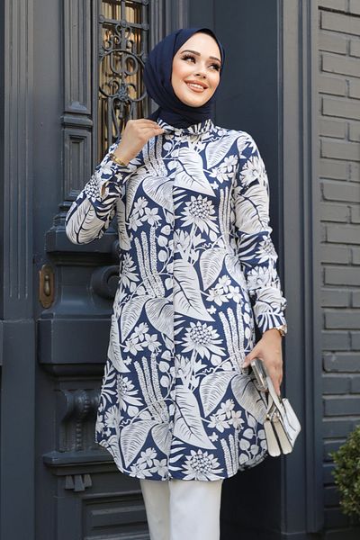 Neva Style Μπλε τουνίκ Hijab με σχέδιο - 11700L
