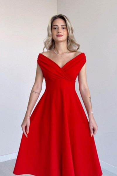 Mossta Off Shoulder Skirt Flounced Crepe Dress - Red