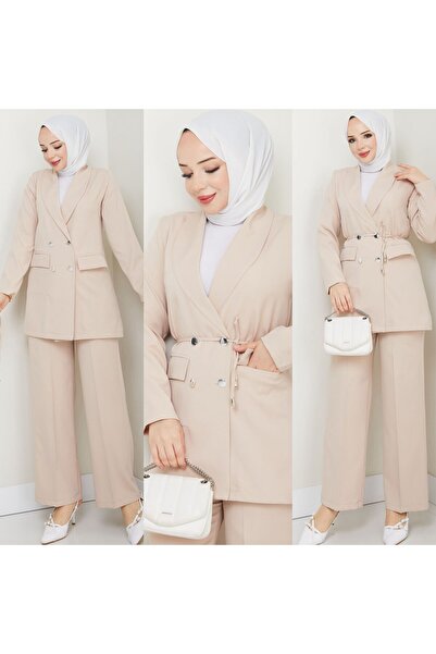 FIRSTESLEM بدلة نسائية مكونة من قطعتين مع سترة بأزرار كريب مزدوجة وبنطلون