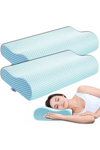 Linomag Set of 2 Linomag® orthopedic memory foam pillows, cervical support, washable, 60x35cm, White/Blue