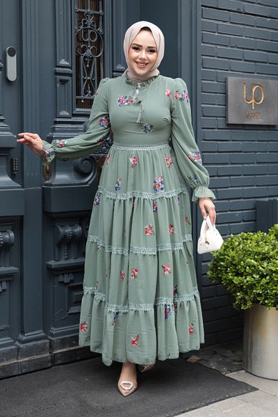Neva Style Floral Patterned Green Hijab Dress 32816Cy