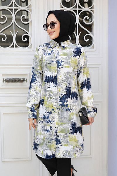 Neva Style تونيك حجاب أخضر زيتي منقوش 11677YY
