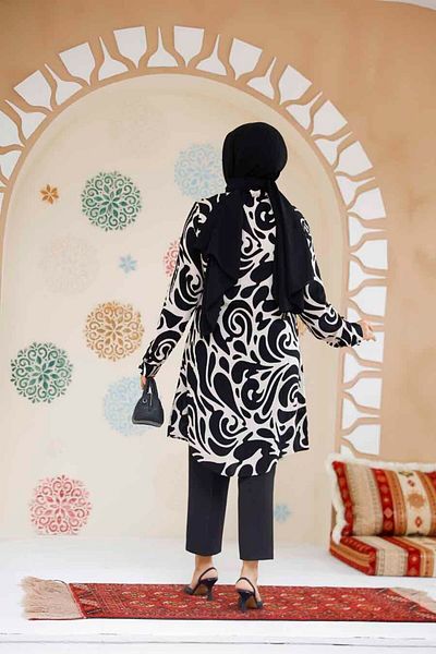 Neva Style Patterned Ecru Hijab Tunic 11711E