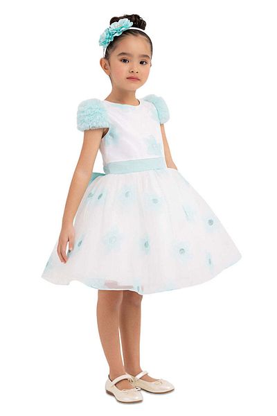 Pamina Elegant Dress For Girls, - With Blue Flowers Appliques, Matching Headband, 33319 - 98 Cm
