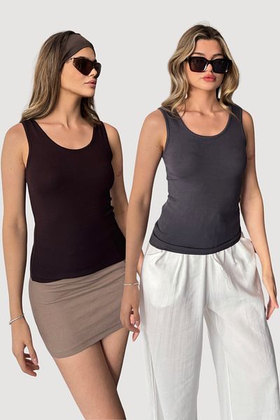 LACHT Γυναικεία μπλούζα 2 Pack με στρογγυλή λαιμόκοψη με χοντρό λουράκι καφέ Anthracite Buzzy Modal υφασμάτινη μπλούζα