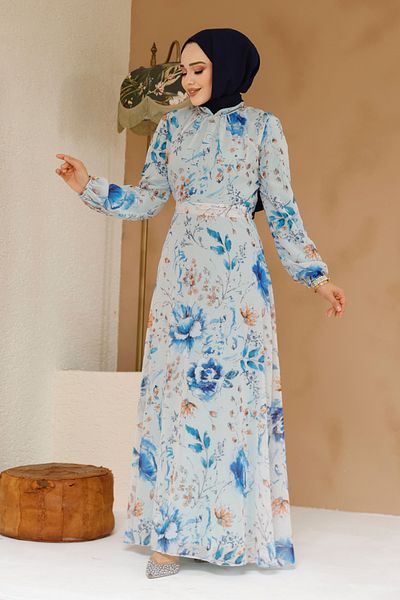 Neva Style Φόρεμα Hijab Τυρκουάζ με Floral σχέδιο 27963TR