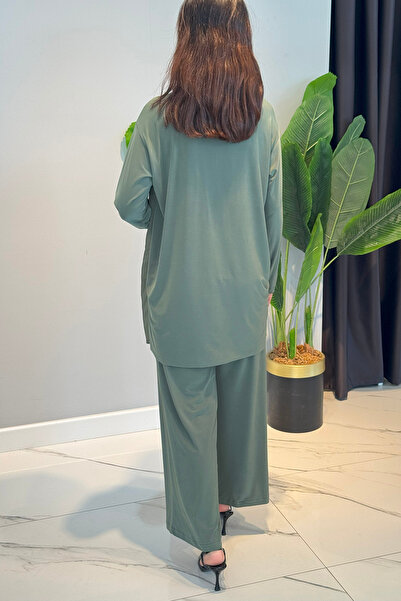 Ceremony Side and Hem Chiffon Accessory Detailed Wide Leg Sandy Suit 59101 Khaki