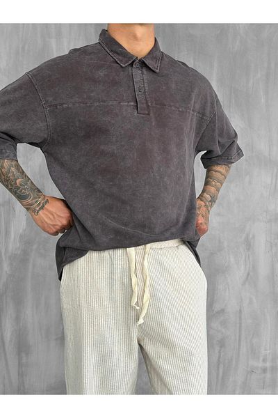 ablukaonline Ανδρικό μπλουζάκι με γιακά πόλο Oversize που πλένεται καφέ