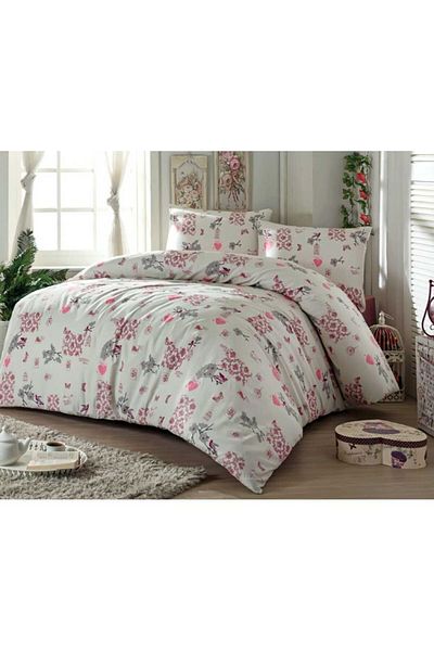 Homelux Duvet Cover Set 200x220 cm + 2 Pillowcases 50x70 cm, Acasa, 100% Cotton, Ivory/Pink