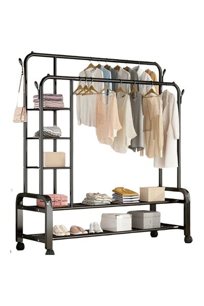 Generic Two-tier iron clothes rack with four shelves and wheels
