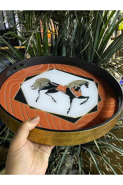 Vitale Round Wooden Decorative Tray with Horse Figure 36 cm