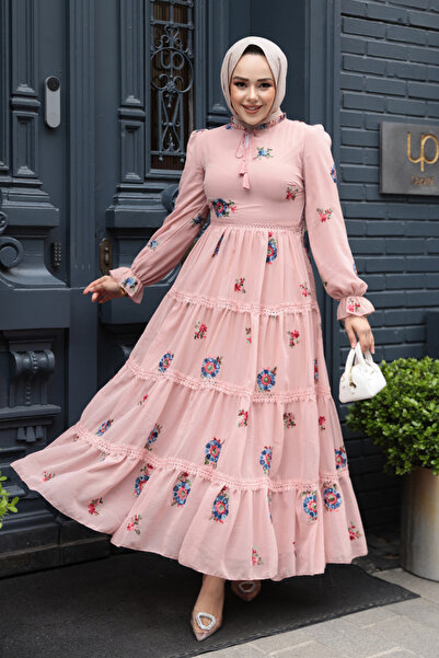 Neva Style Floral Patterned Powder Hijab Dress 32816Pd