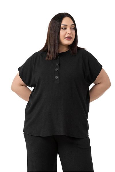 DISENTIS MODEST Plus Size Low Sleeve Blouse Pants Black Double Suit