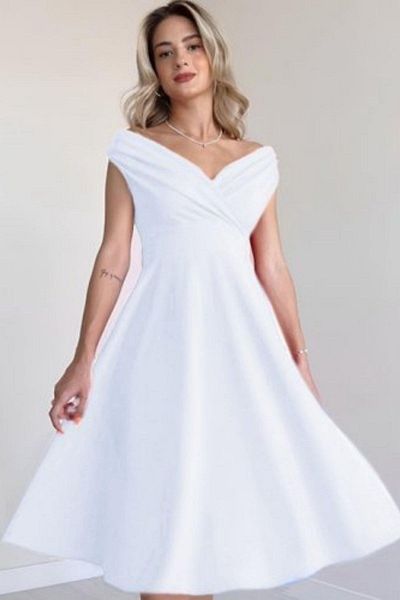 Mossta Off Shoulder Skirt Flounce Crepe Dress - White