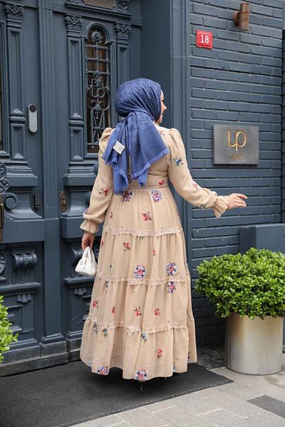 Neva Style Floral Patterned Beige Hijab Dress (32816Bej)
