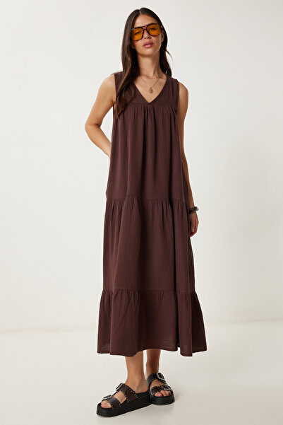 Lovelyİstanbul Volanlı Yazlık Müslin Elbise KAHVERENGİ LMX0087