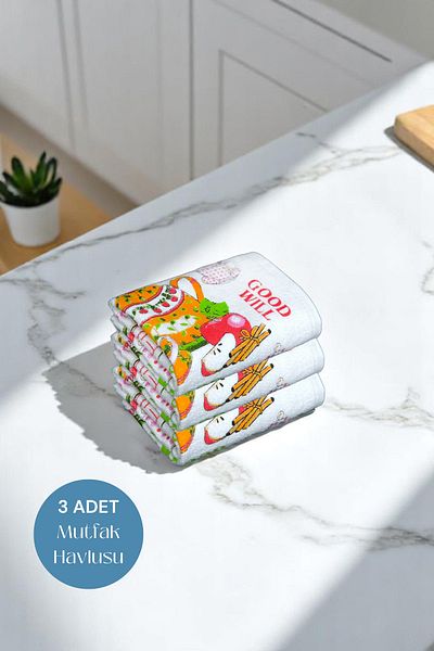 sevilya 3 Pack Printed White Kitchen Towel Model