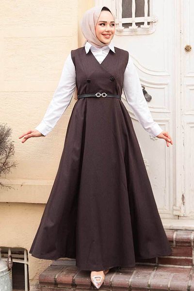 N.S NEVA STYLE Σκούρο Καφέ Φόρεμα Hijab Gilet 30284kkh