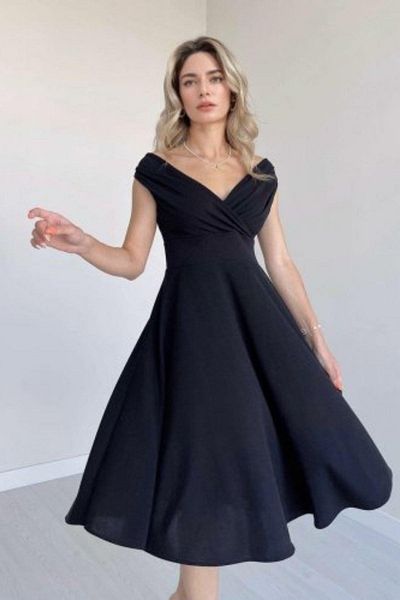Mossta Off Shoulder Skirt Flounce Crepe Dress - Black