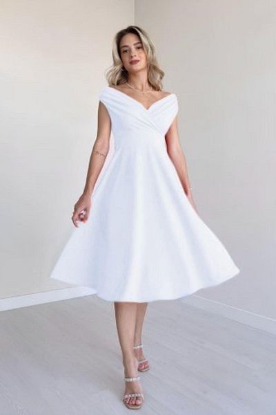 Mossta Off Shoulder Skirt Flounce Crepe Dress - White