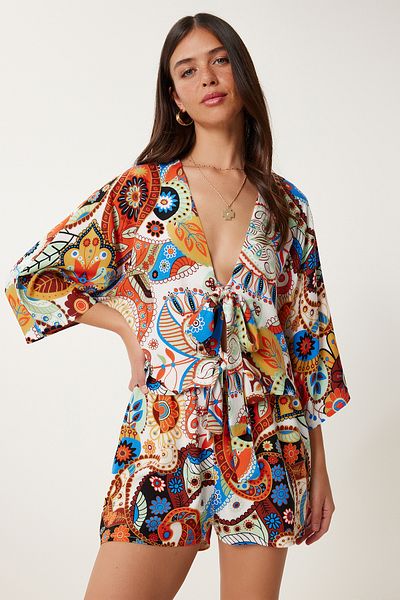 Lovelyİstanbul Patterned Summer Crop Shorts Set Orange Blue Lje0001