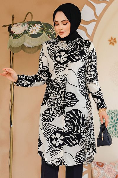 Neva Style تونيك حجاب أسود منقوش - 11712S