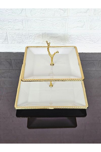 atabey home Porcelain Square Casting Gold Frame 2-Layer Cookies Bowl Simple 22+27 cm
