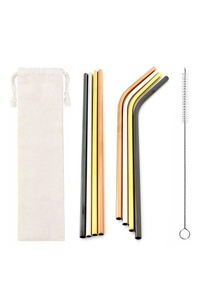 Aptel Set of metal drinking straws, 8 straws and 1 brush, multicolor