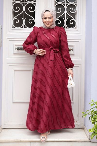 N.S NEVA STYLE Λεπτομερές Ζακάρ Μπορντό Φόρεμα Hijab 23262BR