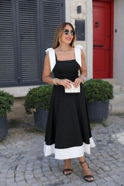 Mossta Square Neck Shoulder Tie Flared Crepe Dress - Black