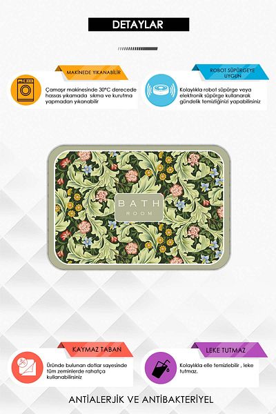 Argento Machine Washable Non-Slip Base Stain Resistant Flower Patterned 2-Piece Bath Mat Set 60X90+40X60