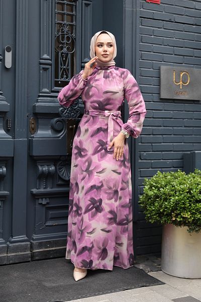 Neva Style Floral Patterned Dusty Rose Hijab Dress 279906 Gk