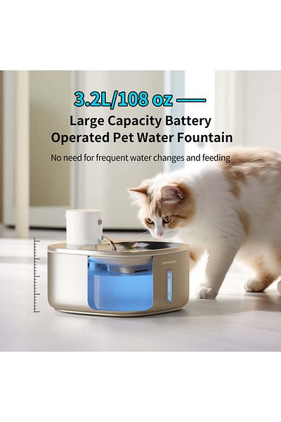 PetPeer Cat Water Fountain Battery 3.2 liter 4-Fold Filter Infrared Sensing for Pets Stainless Steel