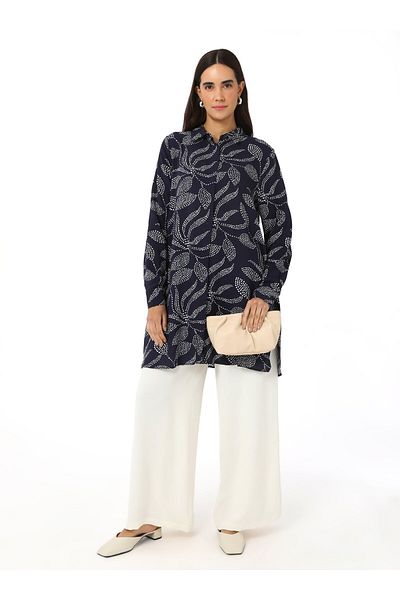 Refka Viscose Printed Tunic - Navy Blue - White - Refka