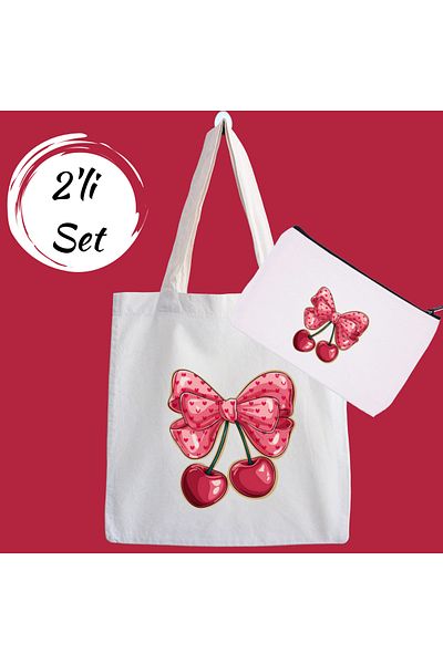 designedfy Set of 2 Cloth Bags and Makeup Bags with Cherry Ribbon Campaign