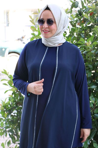 Eslina 47048 Σετ παντελονιού Sandy-Chiffon με λεπτομέρεια από πέτρα σε μεγάλο μέγεθος - Navy Blue